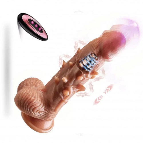 Dương vật giả có đế gân gai rung thụt, sưởi ấm
